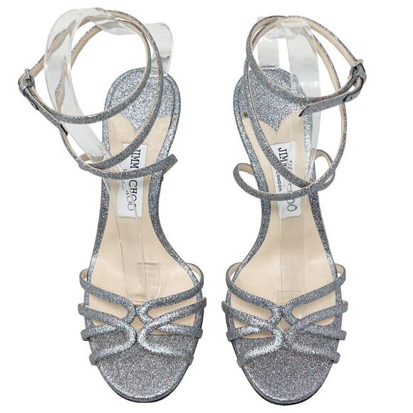 Jimmy Choo Mimi 100 Glitter Silver Strappy Stiletto Sandals Size 39 - Picture 2 of 8